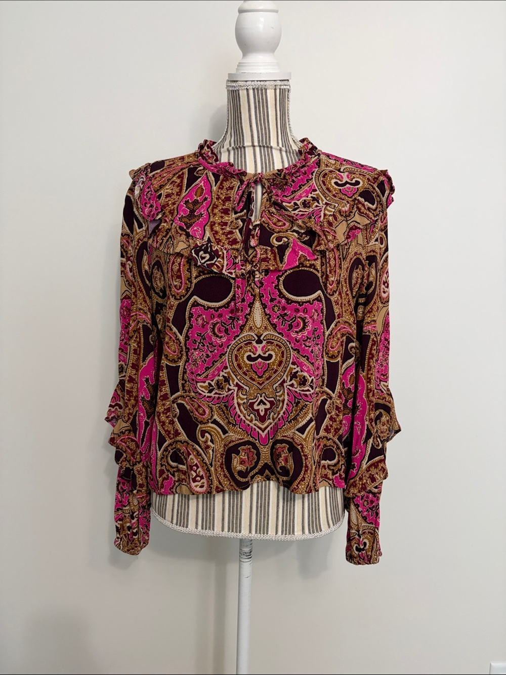 Ruffled Paisley Tie-Neck Blouse in Fuchsia